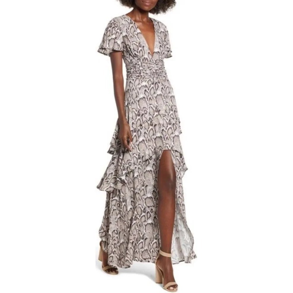 AFRM Micah Corset Tiered Maxi Dress Snakeskin Print XL Tiered Ruffle V-Neck